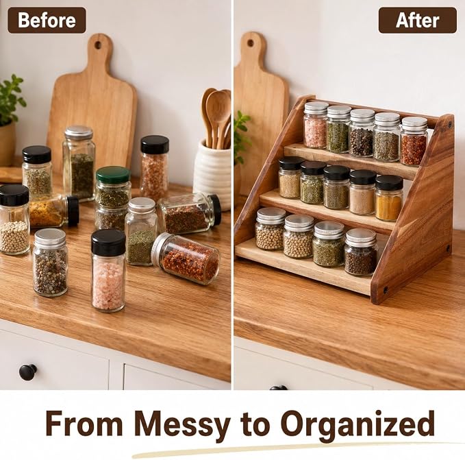 Acacia Wooden Spice Rack Organizer for Cabinet Wood Spice Shelf Organizer for Kitchen Pantry Storage Organizer 3 Tier Countertop