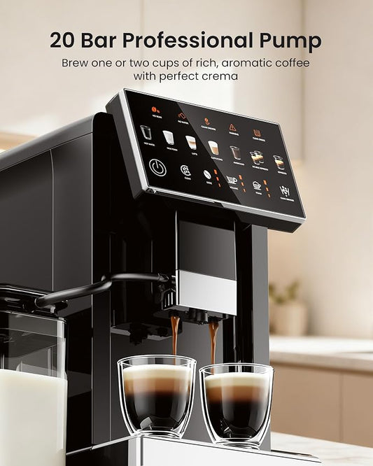 Fully Automatic Espresso Machine with Grinder, 20 Bar Coffee Maker with Milk Frother, Touchscreen Espresso Machine for Cappuccino, Latte & Americano, 15 Grind Settings, Self-Cleaning (Black)
