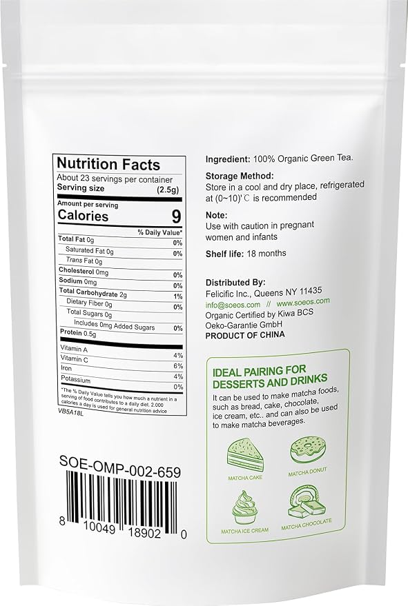 Soeos Organic Matcha Powder, Matcha Green Tea Powder, 2 oz (57g), Antioxidant-Rich Matcha Powder for Lattes, Smoothies and Baking, Recyclable Bags