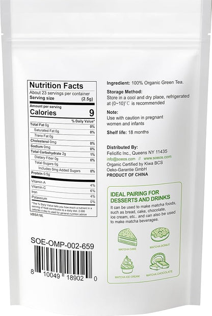 Soeos Organic Matcha Powder, Matcha Green Tea Powder, 2 oz (57g), Antioxidant-Rich Matcha Powder for Lattes, Smoothies and Baking, Recyclable Bags