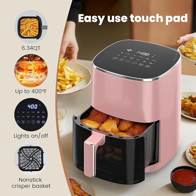 Sweetcrispy 6QT Air Fryer with Window, Square Airfryer Oven 12-in-1 for Family, 400°F Rapid Air Crispy Technology, Roast Bake Dehydrate, Nonstick & Easy-Clean Basket, Pink