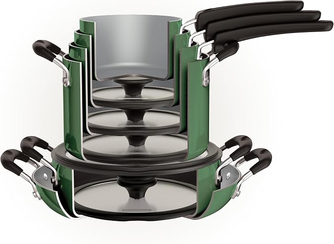 Tramontina Ceramic Non Stick 11-Piece Nesting Pots and Pans Set with Lids - Stackable Nonstick Cookware Set, Dishwasher and Oven Safe, Green