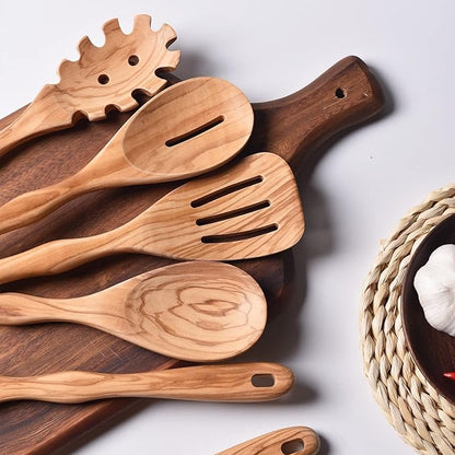 Gudamaye 12 inch Olive Wooden Utensils for Cooking, Long Handle Wooden Spoons, 6 Pieces Crafting Wooden Spoon Set, Natural Olive Wood Kitchen Utensil Set