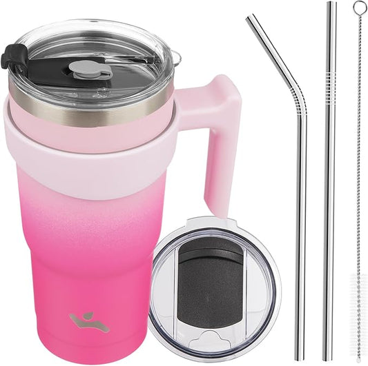 Konokyo 20 oz Tumbler with Handle and 2 Straw 2 Lid, Insulated Water Bottle Stainless Steel Vacuum Cup Reusable Travel Mug, Cherry