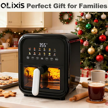 NEWBULIG 7.9QT Air Fryer with Transparent Window, 12-In-1 Large Air Fryers for Family, 400°F Wide Temperature for Rapid Heat, Roast Bake Dehydrate Reheat, Dishwasher Safe, Nonstick Basket, 1800W