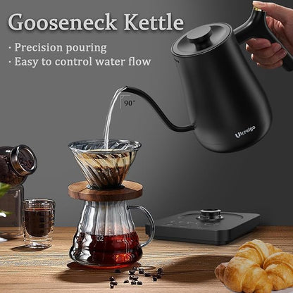 Gooseneck Electric Kettle,Ulcreigo Electric Kettle Temperature Control Tea Kettles for Boiling Water with 5 Variable Presets,Hot Water Boiler Heater for Coffee,304 Stainless Steel Black Color