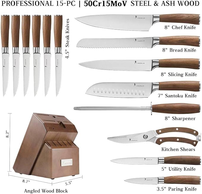 Kangdelun Ultra Sharp 15-Piece Knife Set, 50Cr15MoV High-Carbon Stainless Steel, Torrefied Brown Ash Wood Handles, Angled Dark Brown Wood Block, Easy Hand Wash, Gift Box