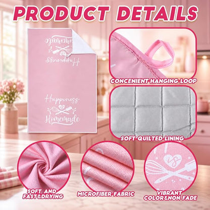 Sratte 6 Pcs Pink Kitchen Decor Accessories Set Cute Farmhouse Towels Pot Holders Oven Mitts Set 2 Dish Towels 2 Potholders 2 Cooking Mittens for Baking Cooking House Supply(Pink, Kitchen)