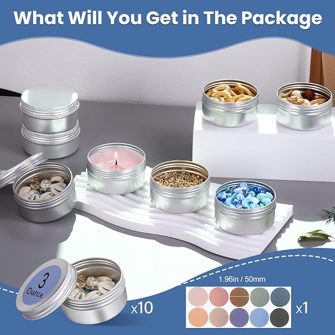 3oz Tins Aluminum Tin Can 10Pack Salve Tins, 3 oz Tin with Lids Refillable Containers With Screw Top and Labels for Salve, Candle, Spices or Balms(Silver)