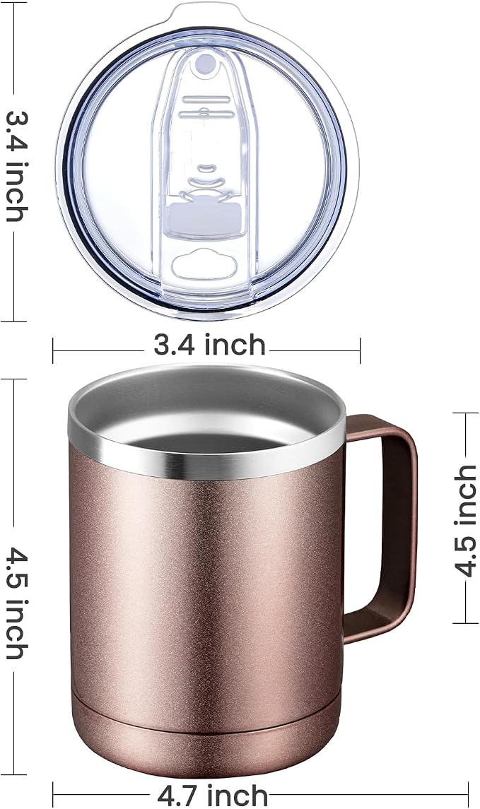 MEWAY 12oz Coffee Mug With Handle 2 Pack Bulk,Stainless Steel Insulated Travel Tumblers With Sliding Lid,Double Wall Vacuum Camping Cup for Hot & Cold Drinks Tea (Rose Gold,Set of 2)