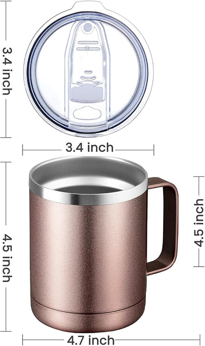 MEWAY 12oz Coffee Mug With Handle and Sliding Lid,Stainless Steel Travel Tumbler Cup with Handle,Double Wall Vacuum Insulated Camping Cup for Hot & Cold Drinks Tea (Rose Gold,Set of 1