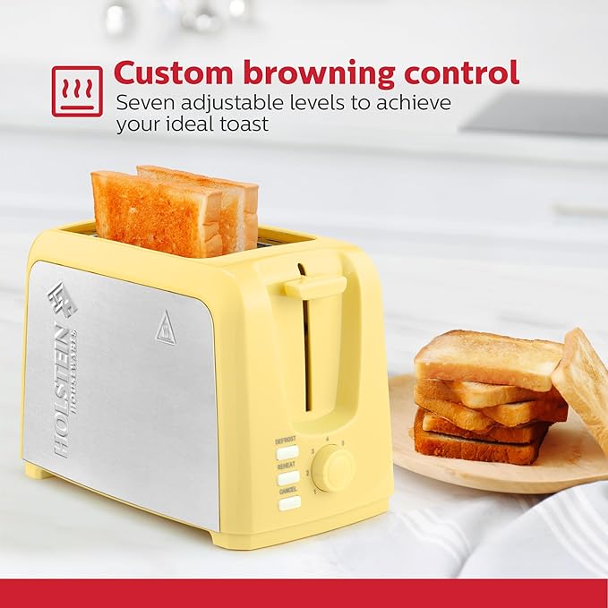 Holstein Housewares 2-Slice Toaster with 7 Browning Settings, Extra-Wide Slots, Reheat, Defrost, Cancel, High-Lift Release, Removable Crumb Tray – Compact Stainless Steel, Yellow