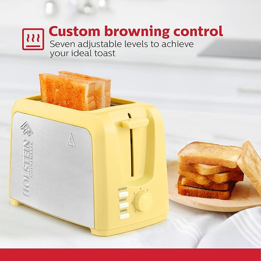Holstein Housewares 2-Slice Toaster with 7 Browning Settings, Extra-Wide Slots, Reheat, Defrost, Cancel, High-Lift Release, Removable Crumb Tray – Compact Stainless Steel, Yellow