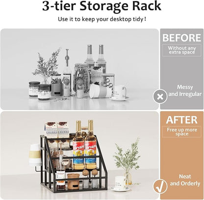 Coffee Syrup Rack Organizer, 3 Tier Countertop Storage Shelves, Kitchen Storage, 12 Syrup Bottle Stand Holder for Wine, Liquor, Kitchen Coffee Station Organizer Rack, 13.8"x13.4"x13.0",Black