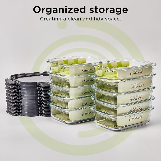 Glass Food Storage Containers with Lids, 10 Pack of 21oz, Glass Meal Prep Container with Airtight Lids, Microwave Safe Food Container Set, BPA Free, LeakProof, Ideal for Lunch