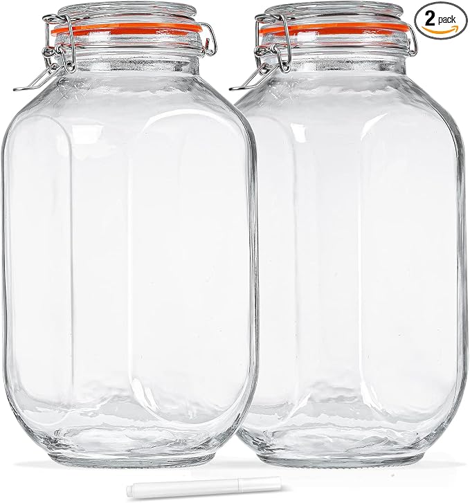 1 Gallon Square Glass Storage Jars with Airtight Lids, 2 Pack Large Glass Pickle Jars for Fermenting, Clear Glass Canister for Flour, Cookie, Candy, Kombucha, Sun tea(Extra Labels and Gasket)