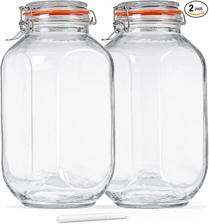1 Gallon Square Glass Storage Jars with Airtight Lids, 2 Pack Large Glass Pickle Jars for Fermenting, Clear Glass Canister for Flour, Cookie, Candy, Kombucha, Sun tea(Extra Labels and Gasket)