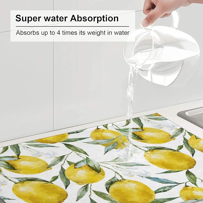 Lemon Dish Drying Mat 18x24 For Kitchen Counter Absorbent Microfiber Dishes Pad Dish Drainer Rack Mats Fast Dry Kitchen Accessories