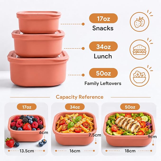 3 Pack Food Storage Containers with Easy-Open Vent Lids, Leak Resistant BPA-Free Meal Prep Containers, Microwave Freezer Dishwasher Safe, Stackable Food Containers,Brick Red，17oz 34oz 51oz