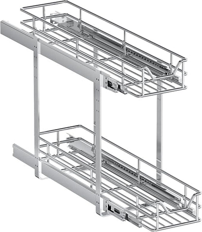 2-Tier Pull Out Cabinet Organizer, 5.5" W x 21.5" D, Heavy Duty Dual Slide Out Shelves for Narrow Base Cabinets, Chrome Wire Basket Drawer for Spices, Bottles & Snacks