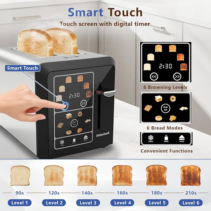 SAKAMOSH Smart Toaster 2 Slice, Touch Screen, Digital Toasters with 6 Browning Levels & 6 Bread Types, Bagel, Extra Long Wide Slots, Memory Function, Timer, 800W, Stainless Steel
