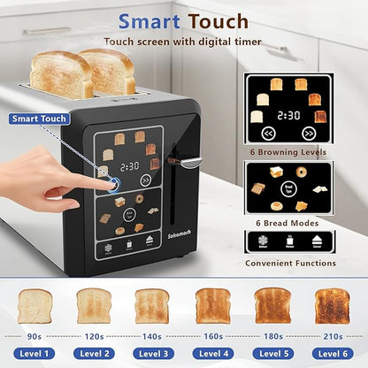 SAKAMOSH 2 Slice Touch Screen Toaster 1.3" Wide Slots for Bagels, Smart Digital Display Toaster with 6 Browning Levels & 6 Bread Types, Memory, Defrost, Reheat, Stainless Steel, 800W