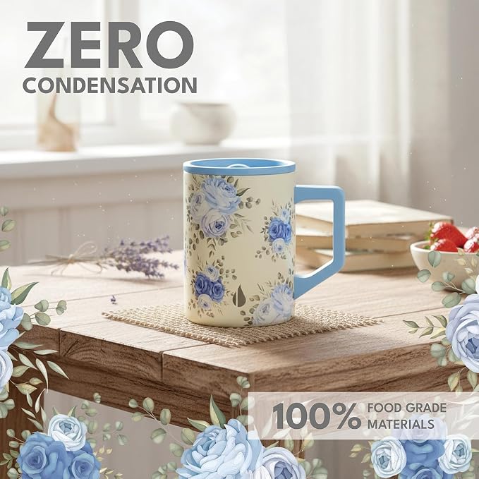 Elemental Insulated Coffee Mug - Triple-Wall Stainless Steel Summit Travel Cup for Hot and Cold Drinks - Thermal Coffee Mug with Lid and Handle for Camping, Office & Travel 16oz - Blue Blooms