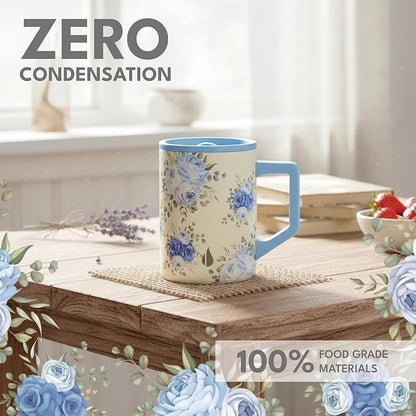 Elemental Insulated Coffee Mug - Triple-Wall Stainless Steel Summit Travel Cup for Hot and Cold Drinks - Thermal Coffee Mug with Lid and Handle for Camping, Office & Travel 16oz - Blue Blooms