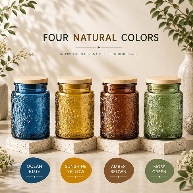 ANSQU 4-Pack Vintage Glass Canisters, 23.7 Fl oz Candy Jars with Lids, Vintage Colored Mason Jars for Kitchen Decorative Jar for Coffee Tea Candy Cookies, Cute Jars