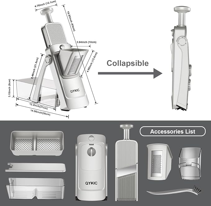 8 in 1 Mandoline Slicer for Kitchen, Vegetable Chopper, Potato Slicer, Fry Cutter Onion Chopper with Drain Basket Food Container with Lid, Stainless Steel Cheese Grater for Quick Meal Pre (Gray)