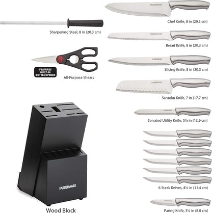 Farberware 15-Piece Stamped Stainless Steel Knife Block Set, High-Carbon Stainless Steel Kitchen Knife Set with Ergonomic Handles, Razor-Sharp Knives with Wood Block, 15-Piece, Black 2