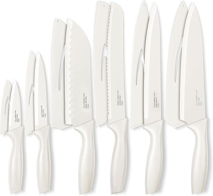 Onader 12 Pieces Knife Set with Covers, Stainless Steel Small Kitchen Knives Set, Cream White