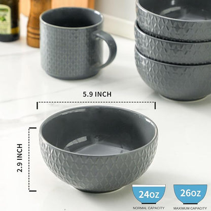 HASENSE Cereal Bowls Set of 4, 26 OZ Ceramic Soup Bowls,Stoneware Porcelain Cereal Bowls for Soup, Cereal, Oatmeal, Fruit, Salad, Embossed Pattern, Cereal Bowls for Kitchen & Home, Gray
