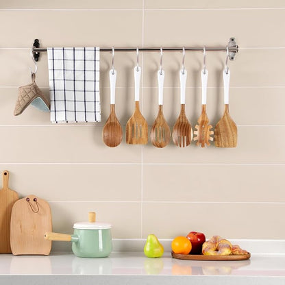 Wooden Spoons For Cooking, 6 Pieces Natural Acacia Wooden Cooking Utensils or Non-Stick Wood Kitchen Utensil Set for Kitchen Essentials, Wooden Cooking Utensils Set with Hanging Hole, White