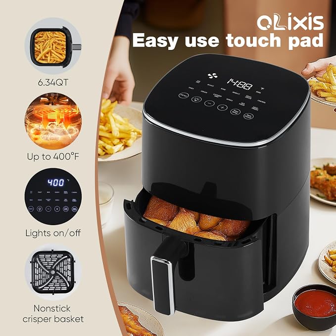 OLIXIS Air Fryer 6 Quart with Window Square Air Fryer 12-in-1 Air Fry, Roast, Reheat, Dehydrate, Bake, Steam, Fries, Custard, Chicken, Wings, Sea Food, Vegetabels,400F, Black