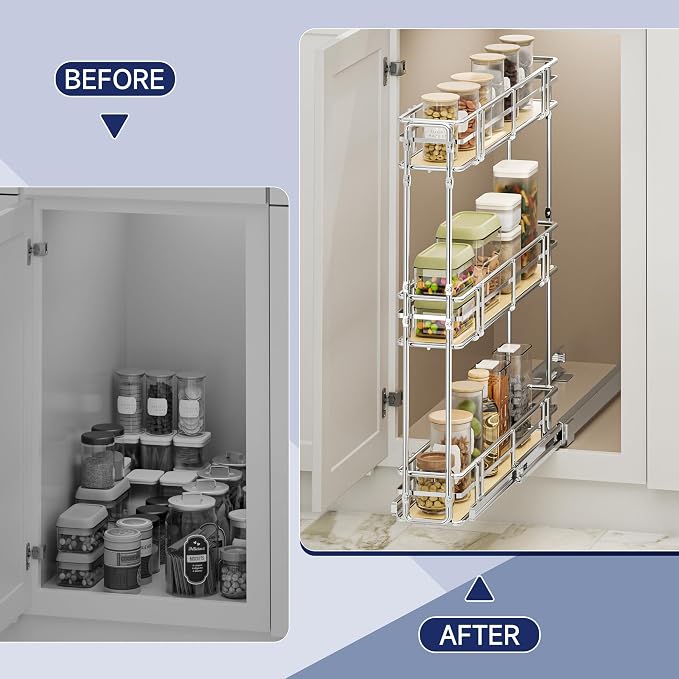 5" W x 20.5" D 3-Tier Pull Out Spice Rack Organizer, Solid Wood Base Slide Out Cabinet Shelf for Narrow Kitchen Cabinets, Chrome Pantry Storage
