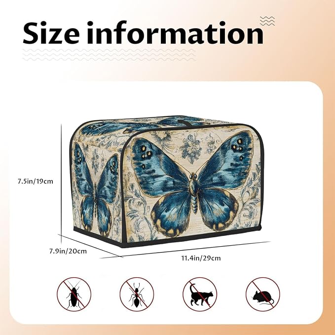 2 Slice Blue Butterfly Vintage Toaster Cover Waterproof Dust Fingerprint Bread Machine Cover Washable Kitchen Appliance Protector For Home Kitchen Bakeware Table Decor Women Gifts