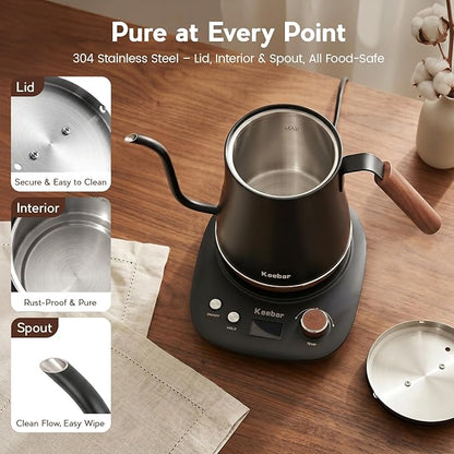 Electric Kettle, 1000W Quick Heating Gooseneck Kettles, 1.0L/33.82oz, 0.8mm Ultra-Fine Spout, Precise Water Flow Control, 304 Stainless Steel Inner, Auto Shut-Off, Boil Dry Protection, Matte Black