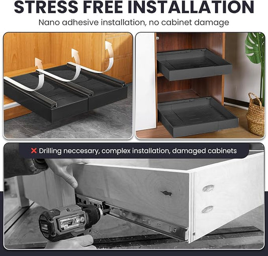 Pull Out Cabinet Organizer – Adjustable Sliding Shelf Inserts for Cabinets - Expandable Shelf Organizer from 12.6" to 20.5" – No Drill or Screw Install (Black, 1 Pack)