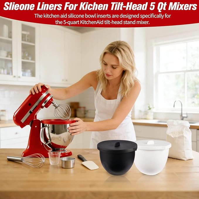 Set of 3 Silicone Bowl Liners with Lids for KitchenAid 5 Qt Tilt-Head Stand Mixer, Red Black White, Fermentation Container for Bread Baking & Sourdough, Replacement Mixer Accessories