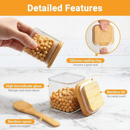 Glass Jar with Lid Set of 4, 4 Fl.oz Square Glass Storage Jars with Bamboo Lids, Clear Spice Container Seasoning Canister for Sugar Coffee Tea - Included Label Sticker, Spoon and Marker