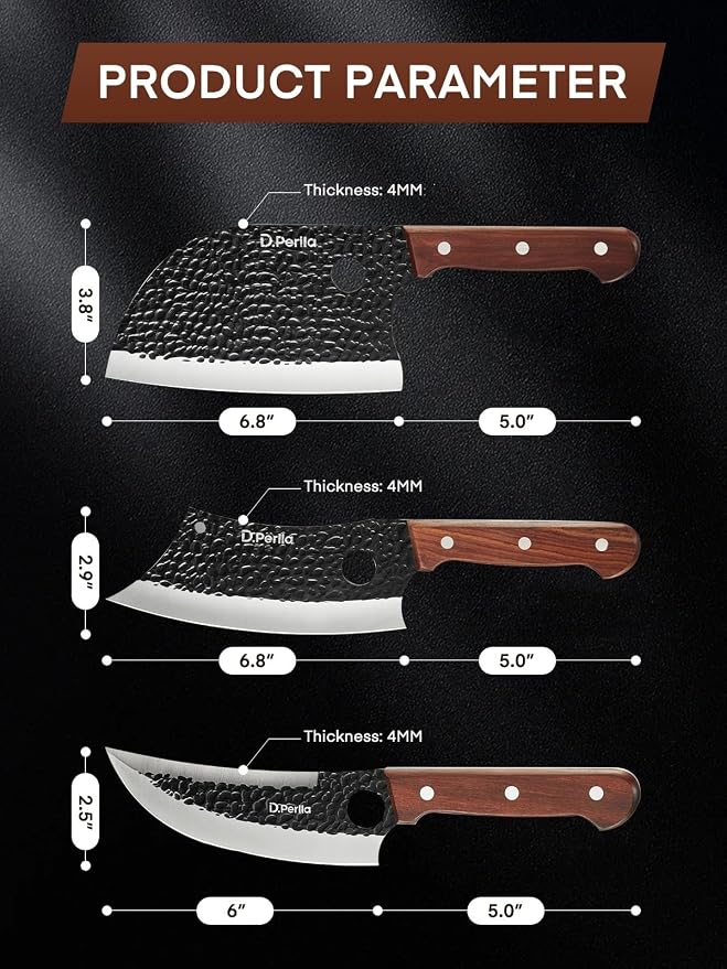 D.Perlla Butcher Knife set 3PCS Chef Knife Set for Meat Cutting, Serbian Chef Knives Set and Viking Knife with Wooden Handle, Forged Cleaver knive Set for Outdoor BBQ and Camping with Gift Box