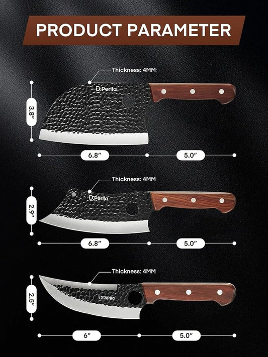 D.Perlla Butcher Knife set 3PCS Chef Knife Set for Meat Cutting, Serbian Chef Knives Set and Viking Knife with Wooden Handle, Forged Cleaver knive Set for Outdoor BBQ and Camping with Gift Box
