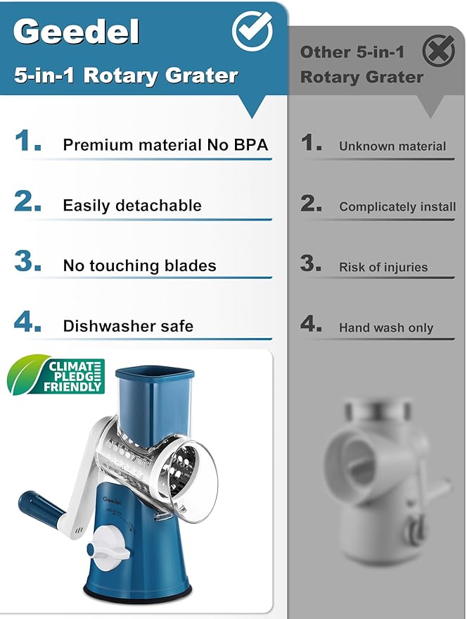 Geedel Rotary Cheese Grater Cheese Shredder - Upgraded 5-in-1 Cheese Grater with Handle and Strong Suction Base, Multi-purpose Vegetable Slicer Ice Shaver Nuts Grinder for Cheese, Vegetables, Ice