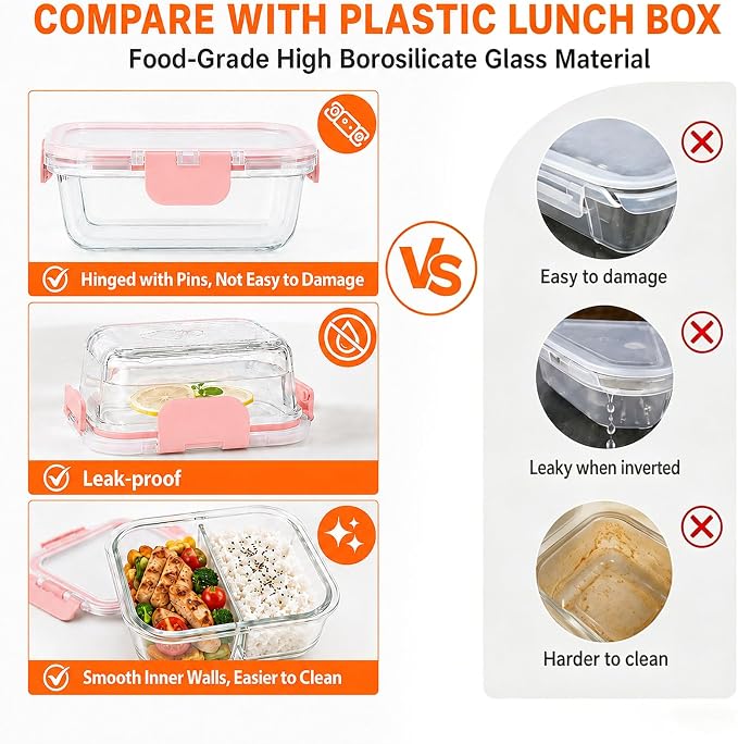 5 Pack Bariatric Meal Prep Containers, 8 oz Bariatric Bowls for Portion Control, Reusable Glass Snack Food Containers with Lids & Folding Spoon & Fork & Knife, Bariatric Must Haves (Pink)