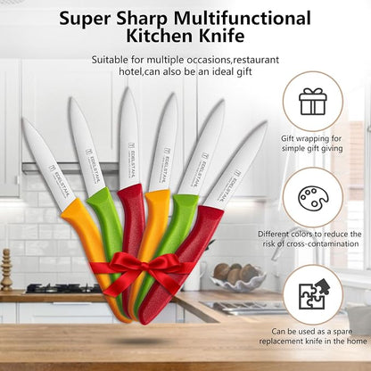 Paring Knives,Stainless Steel Paring Knife Set of 6,Premium Vegetable&Fruit Knife,Small Knife Set,Straight Edge,Ergonomic Handle Paring Knives,Peeling Knifes(Red&Orange&Green)