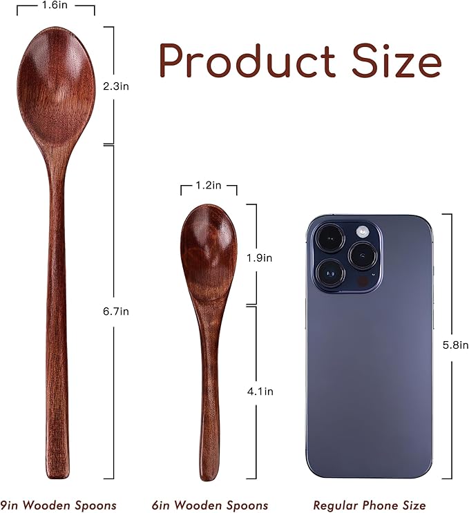 Wooden Spoons Set - 12pcs (6pcs 9in & 6pcs 6in), for Eating, Mixing, Stirring, Coffee, Tea, Jam, Bath Salts
