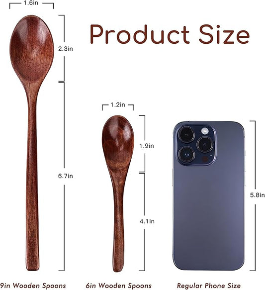 Wooden Spoons Set - 12pcs (6pcs 9in & 6pcs 6in), for Eating, Mixing, Stirring, Coffee, Tea, Jam, Bath Salts
