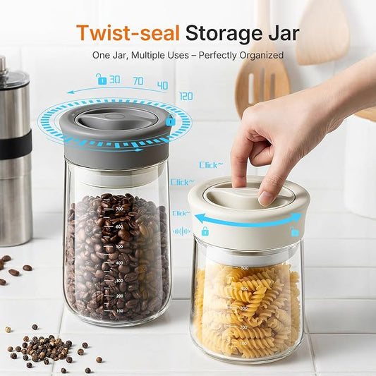 Upgraded Rotary Airtight Glass Mason Jar with Lid, NUZEAK 27oz Borosilicate Coffee Container with Silicone Seal, Stackable Food Storage Jar for Pantry, Kitchen, Coffee Bean, Nuts, Spice, Cereal, Salad