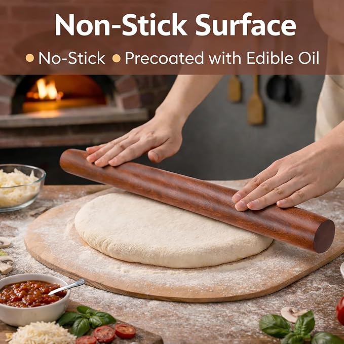 17 Inch French Rolling Pin, Wooden Dough Roller for Baking, Solid Wood Tapered Rolling Pin for Pizza, Pie Crust, Cookies, Pastry, Non-Stick, Easy Control Kitchen Baking Tool, African Rosewood